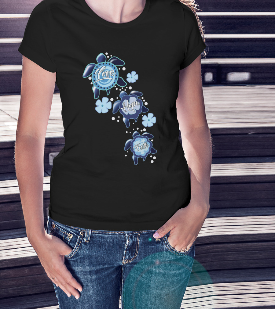 Love Hope Faith Turtle Icons Blue T-Shirt