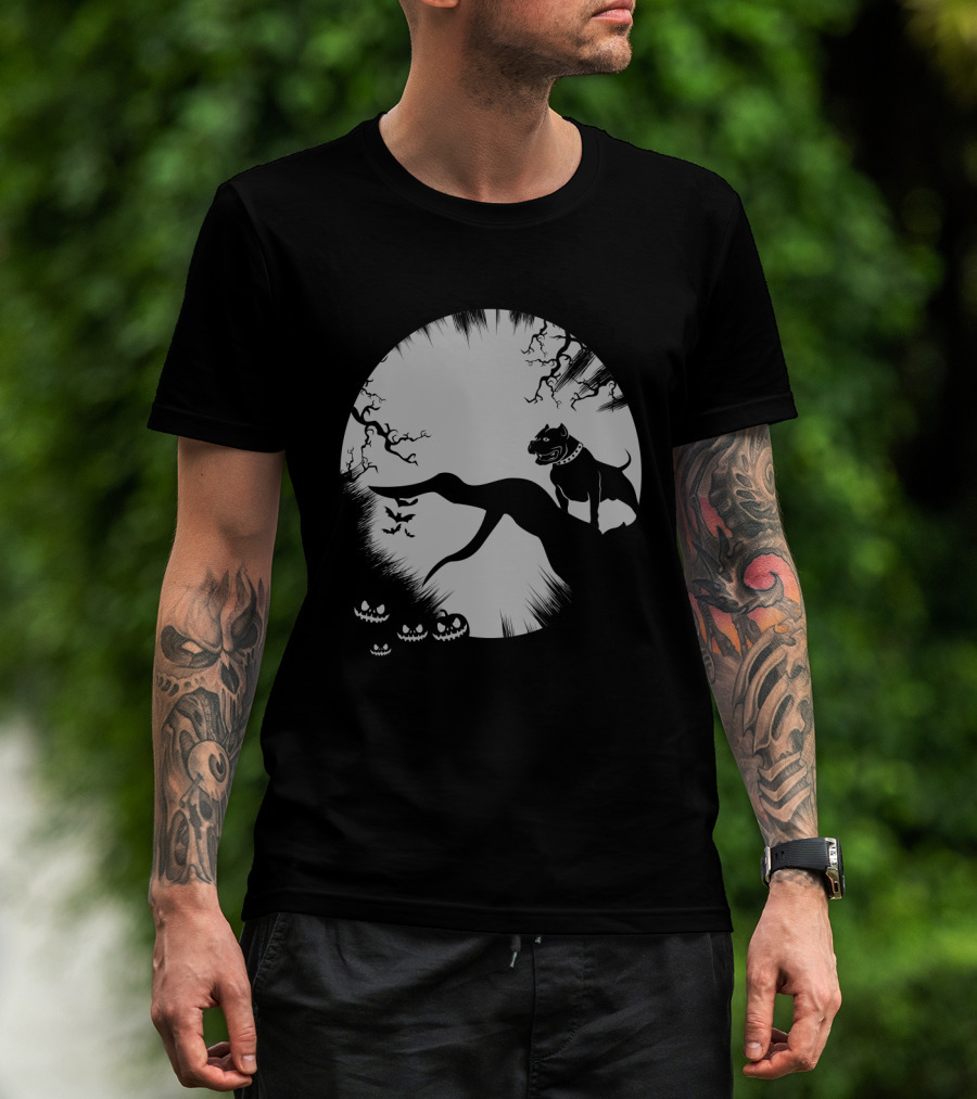 Pitbull Halloween Moon With Jack O'Lanterns And Bats T-Shirt