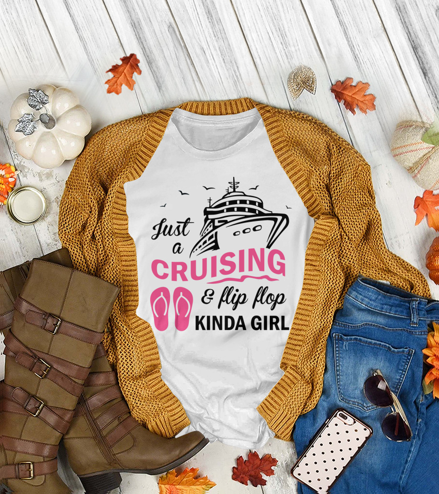 Just a Cruising and Flip Flop Kinda Girl Iconic Cruise Ship Graphic with Pink Flip Flops T-Shirt