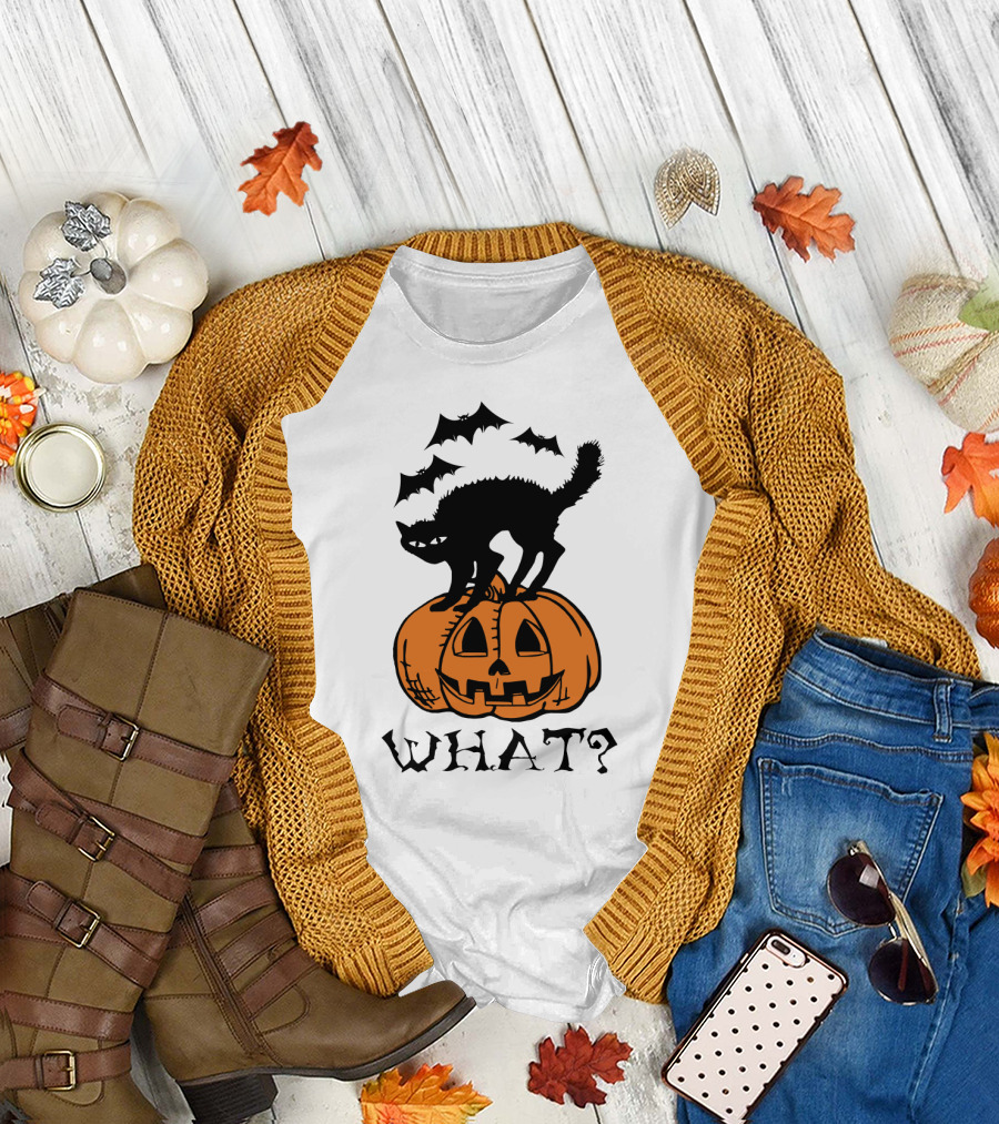 WHAT Black Cat Halloween Pumpkin Bats T-Shirt