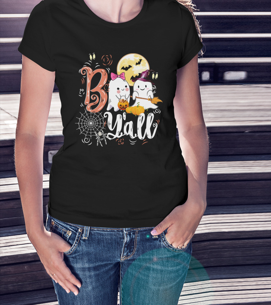 Bo Y'all Cute Ghosts With Pumpkins And Halloween Full Moon T-Shirt
