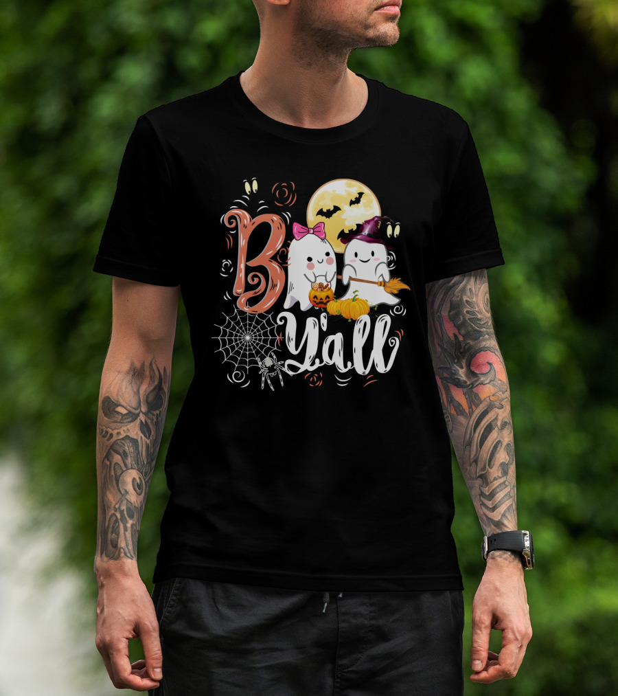 Bo Y'all Cute Ghosts With Pumpkins And Halloween Full Moon T-Shirt