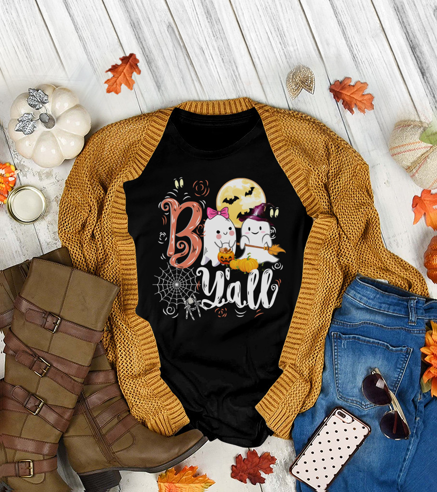 Bo Y'all Cute Ghosts with Pumpkins and Halloween Full Moon T-Shirt