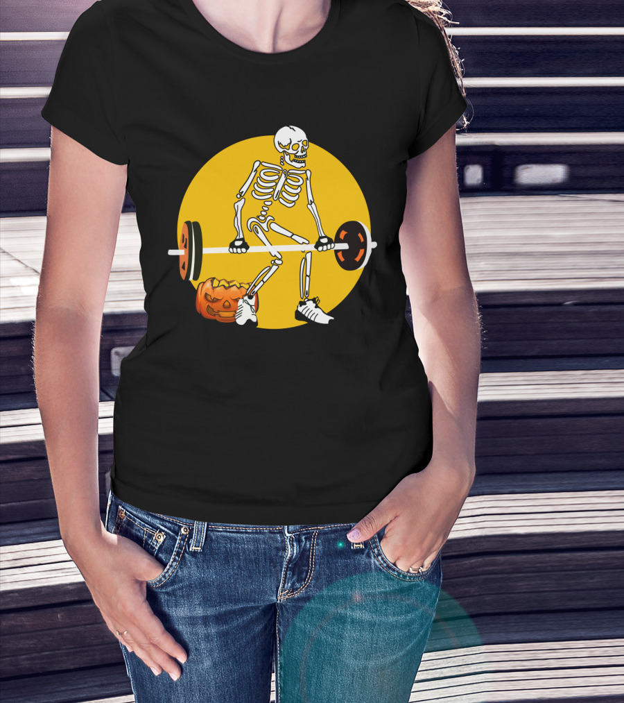 Skeleton Lifting Barbell With Pumpkin Halloween T-Shirt
