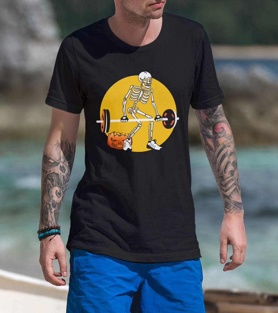 Skeleton Lifting Barbell With Pumpkin Halloween T-Shirt