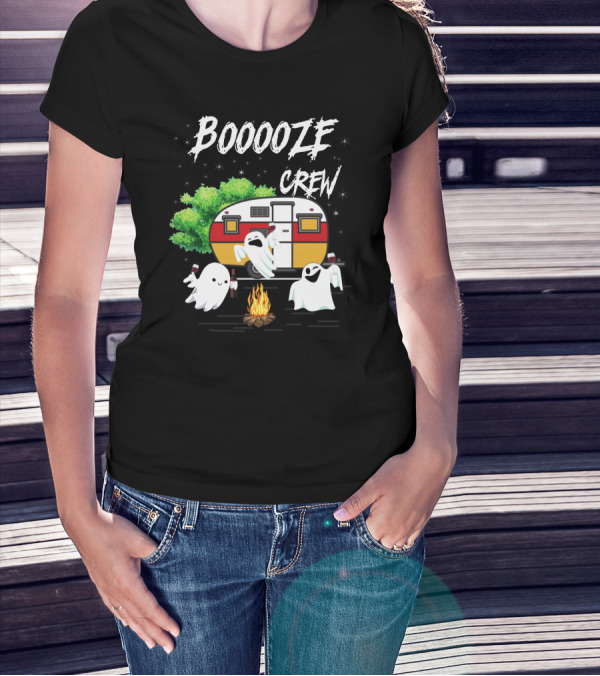 Booooze Crew Ghost Camping With Campfire Caravan And Wine Glasses T-Shirt