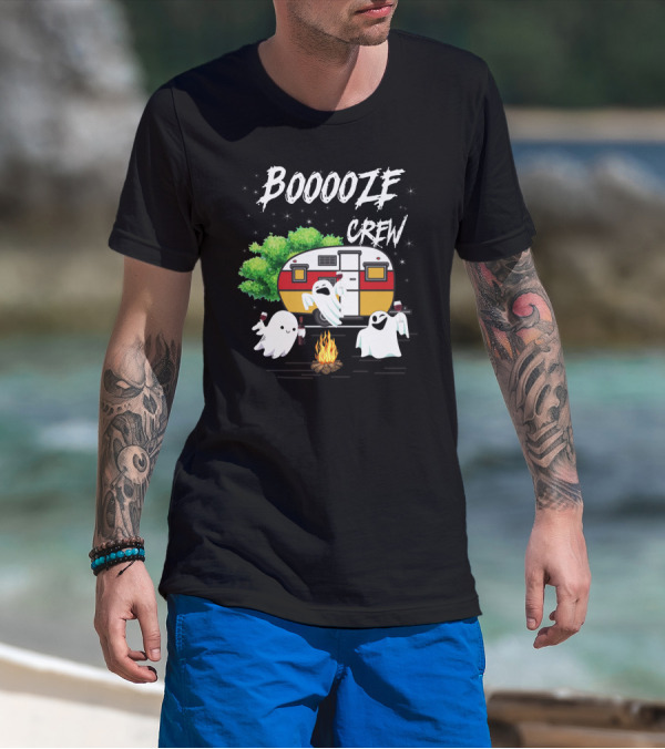 Booooze Crew Ghost Camping With Campfire Caravan And Wine Glasses T-Shirt