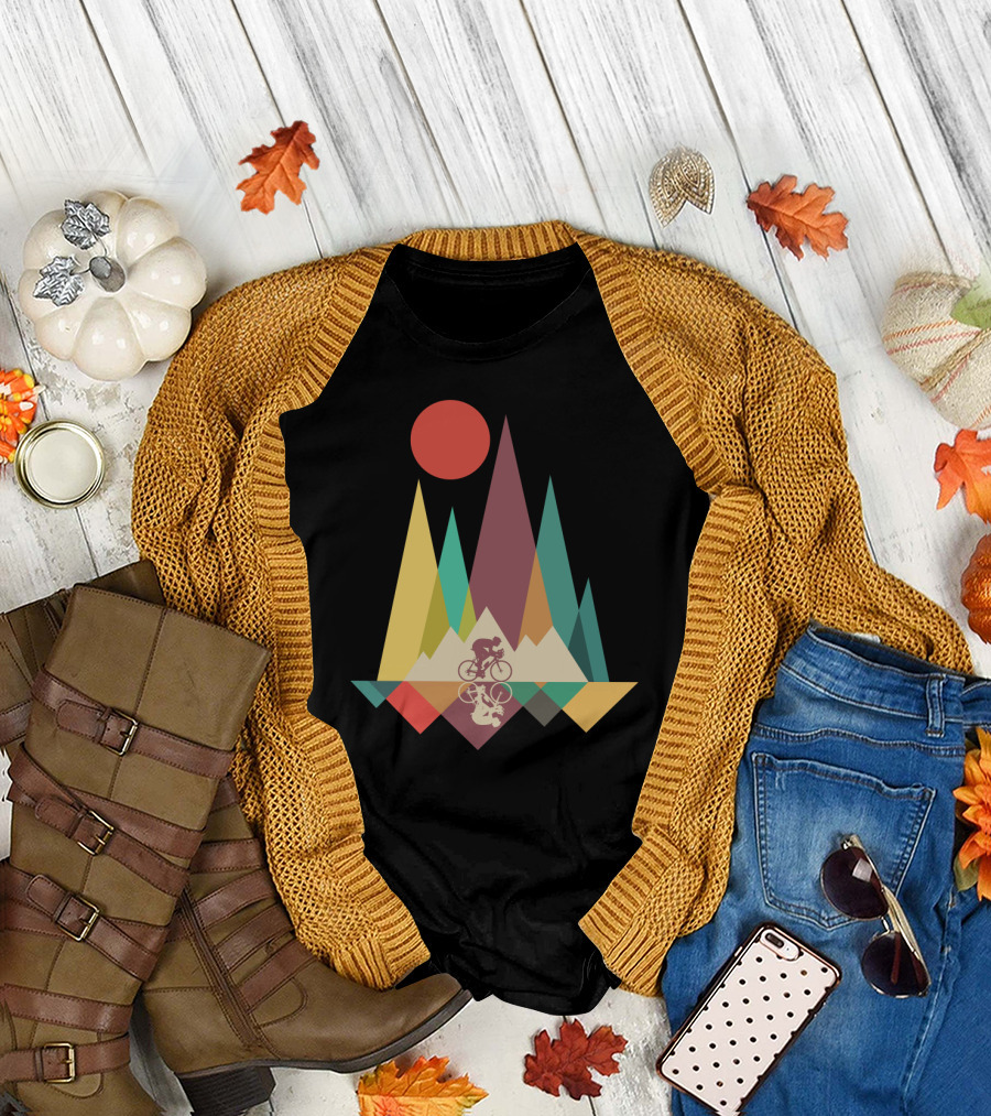 Mountain Biking Geometric Peaks and Sunburst T-Shirt