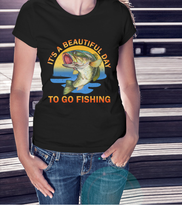 IT'S A BEAUTIFUL DAY TO GO FISHING Fish Jumping Sunset Scene T-Shirt