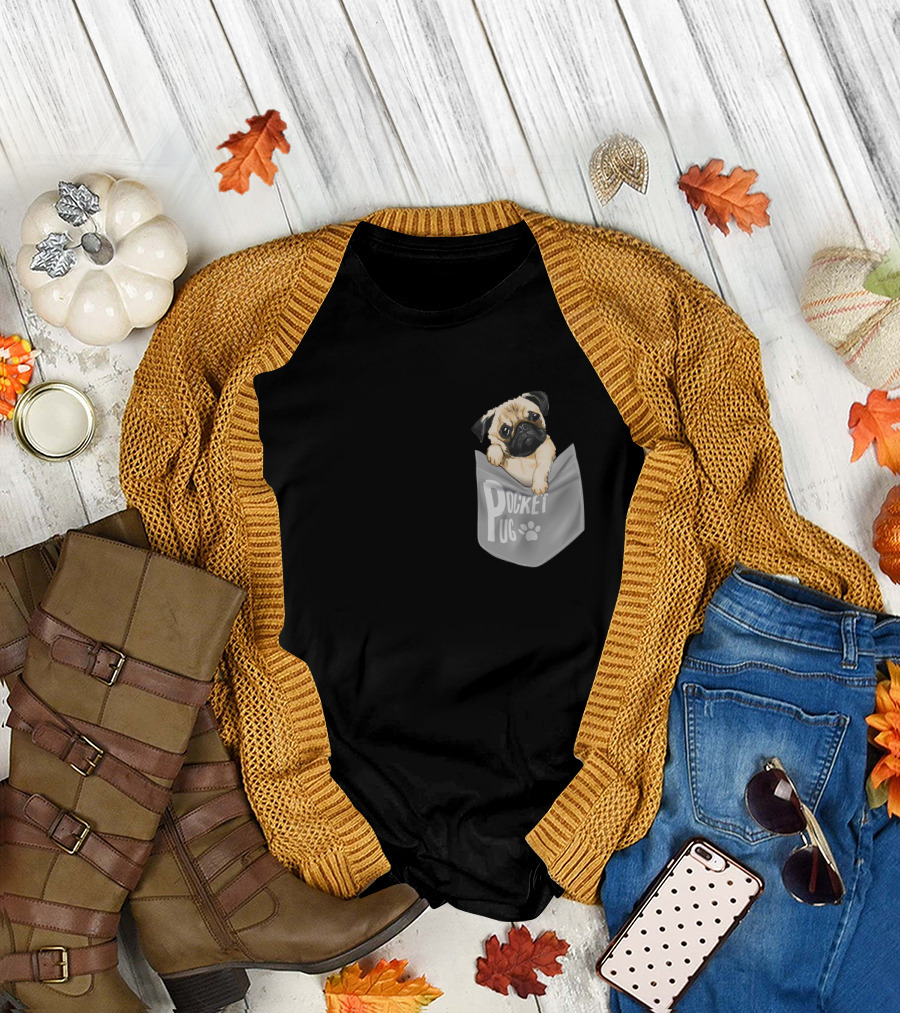 Pocket Pug Puppy Peeking Out of Pocket T-Shirt