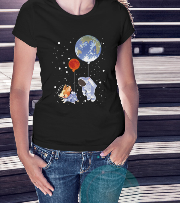 Corgi Astronaut And Human Floating With Earth And Mars Balloons In Space T-Shirt