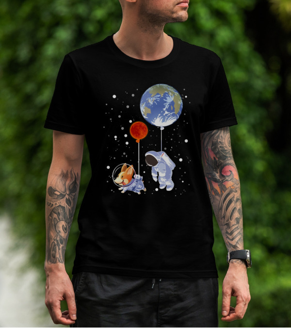 Corgi Astronaut And Human Floating With Earth And Mars Balloons In Space T-Shirt