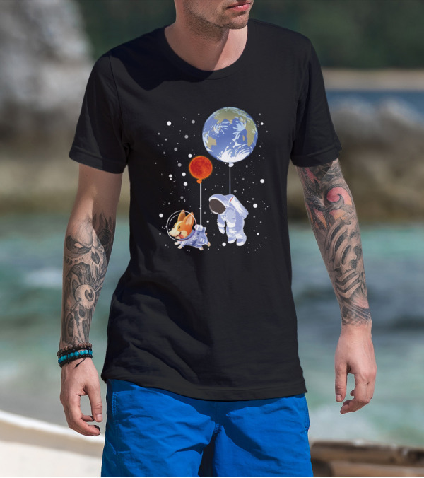 Corgi Astronaut And Human Floating With Earth And Mars Balloons In Space T-Shirt