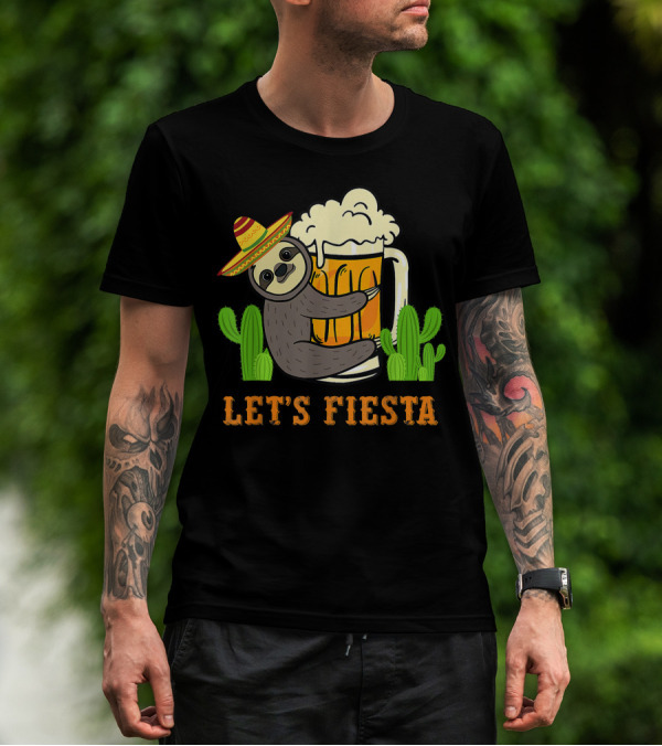 Let's Fiesta Sloth With Beer And Mexican Cactus Celebrating Cinco De Mayo T-Shirt