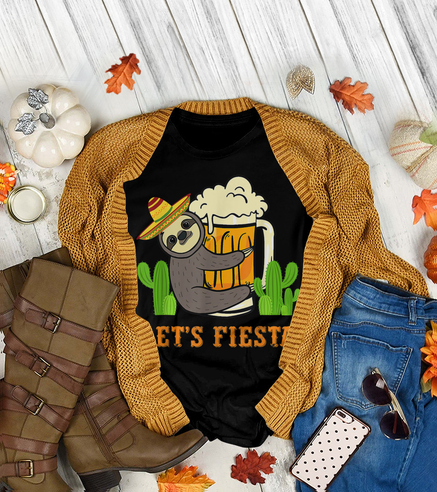 Let's Fiesta Sloth with Beer and Mexican Cactus Celebrating Cinco De Mayo T-Shirt
