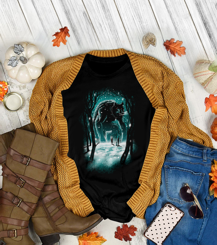 Giant Pet Wolf in Enchanted Snowy Forest with Wolves T-Shirt