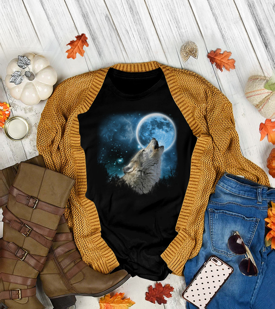 Silver Wolf Howling at Blue Moon Skylight Animal Forest Wolves T-Shirt