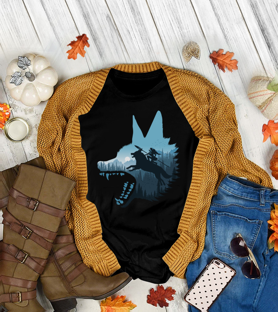 Wolf Attack Silhouette Rider Forest Wolves Animal Adventure T-Shirt