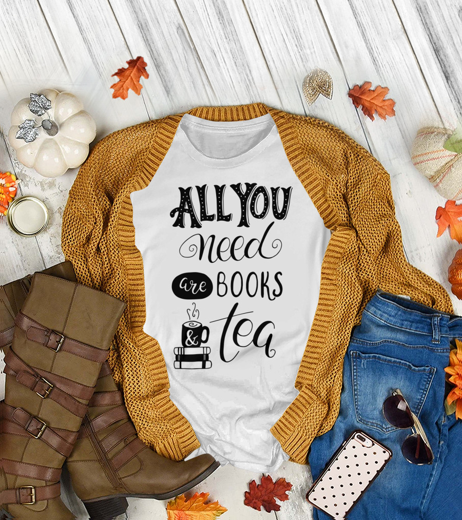 All You Need Are Books and Tea with Cup Icon and Stacked Books T-Shirt