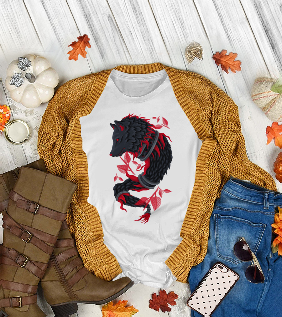 Draco Wolf with Red Leaves and Vines T-Shirt