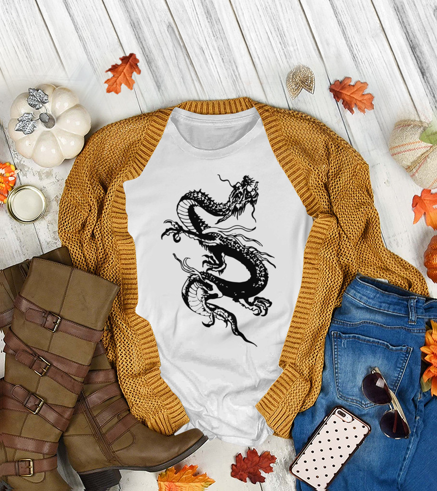 Dragon Black Asian Style Serpent Motif T-Shirt
