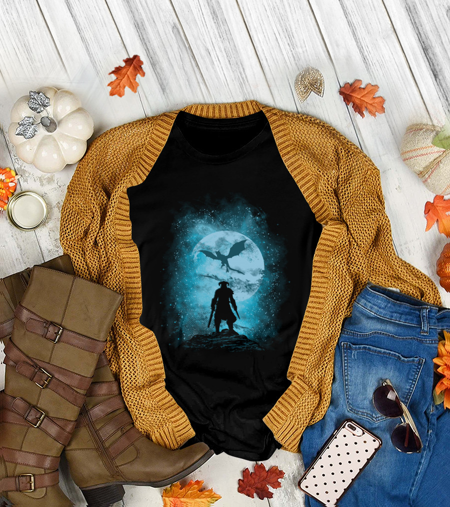 Skyrim Dragonborn Moonlit Battle Against Dragon T-Shirt