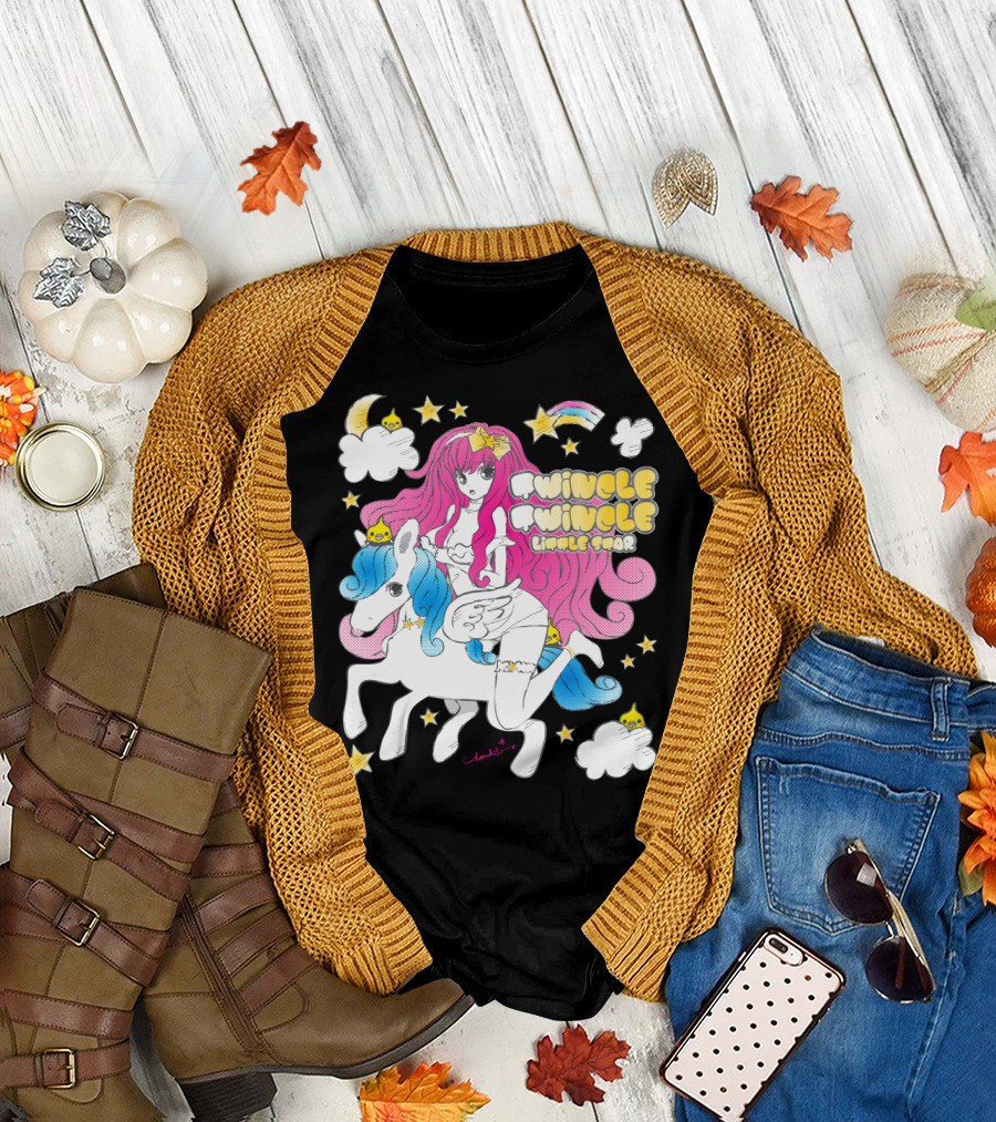 Twincle Twincle Little Star Rainbow Unicorn Girl with Pink Hair T-Shirt