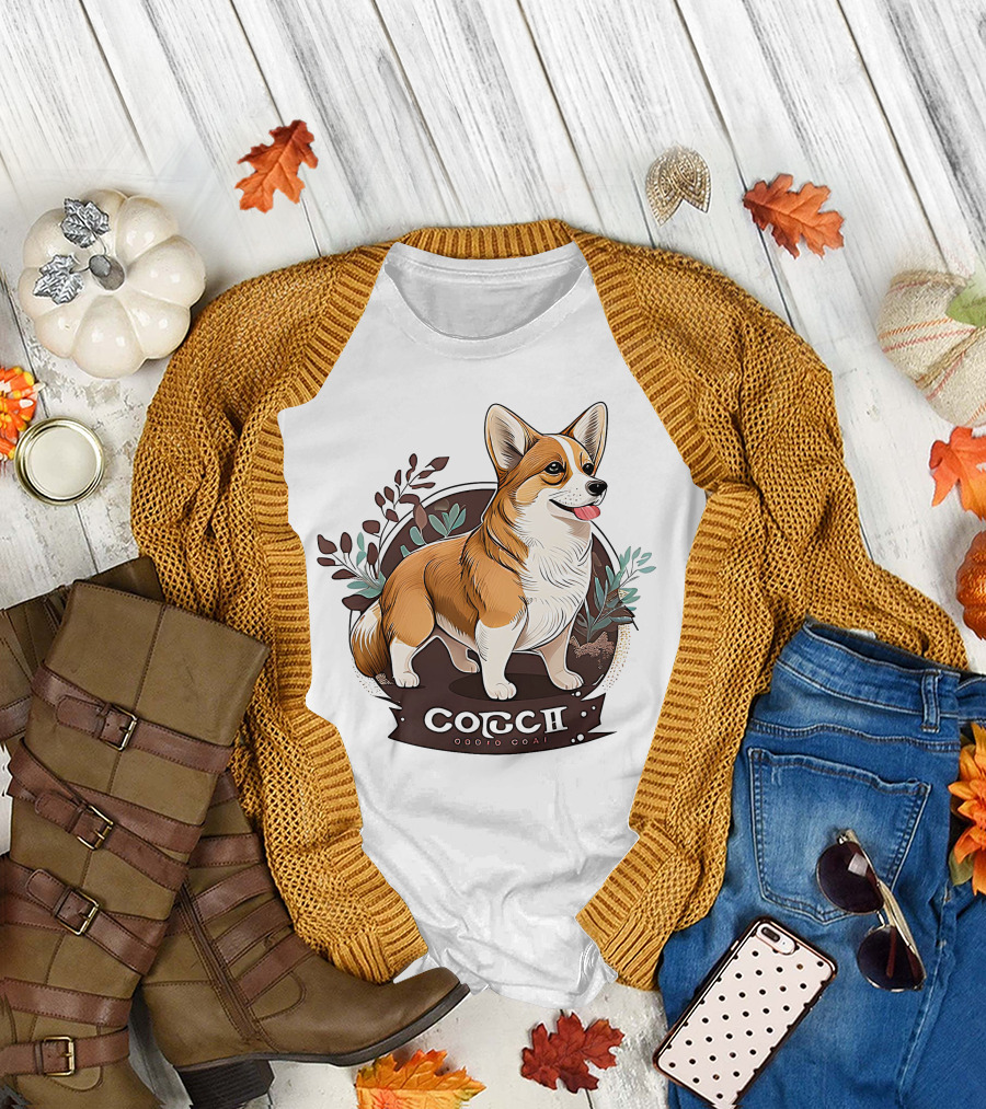 Corgi Cute Baby Dog Illustration with Floral Background T-Shirt