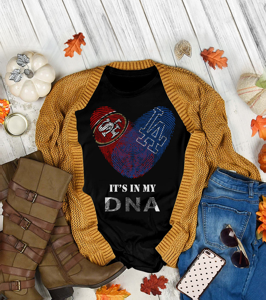49Ers Dodgers SF LA Heart Fingerprint DNA T-Shirt