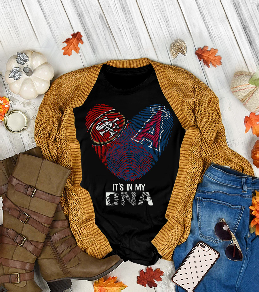 49Ers SF Logo and Los Angeles Angels DNA Fingerprint Heart T-Shirt