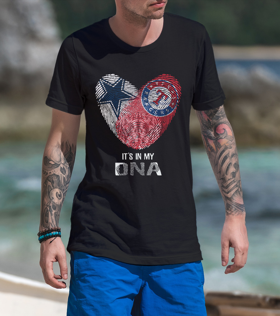 Cowboys Rangers It's In My DNA Fingerprint Heart With Star And Baseball T-Shirt