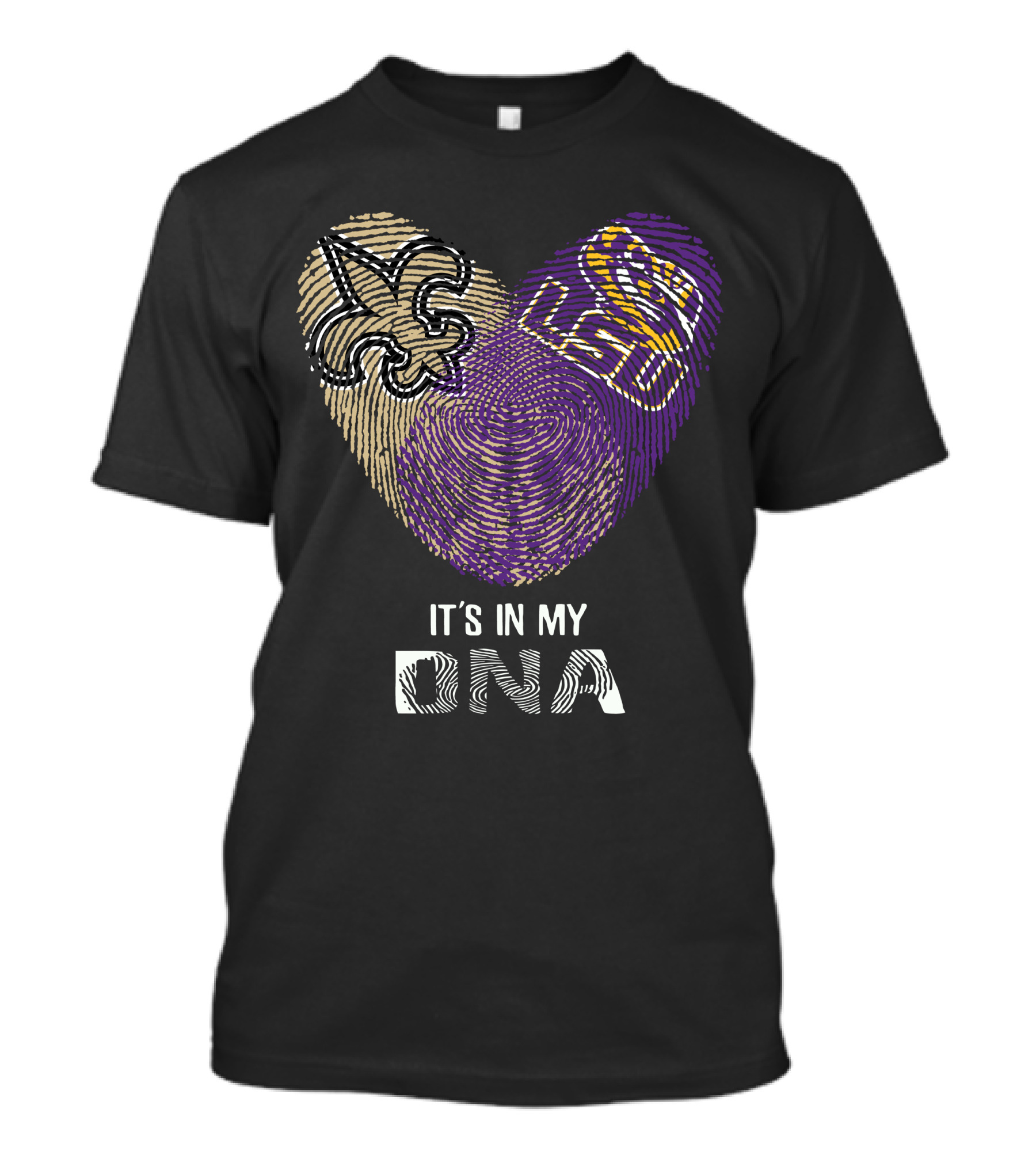 Saints Lsu It's In My Dna Fingerprint Heart Fleur-De-Lis Logo Purple Gold T-Shirt