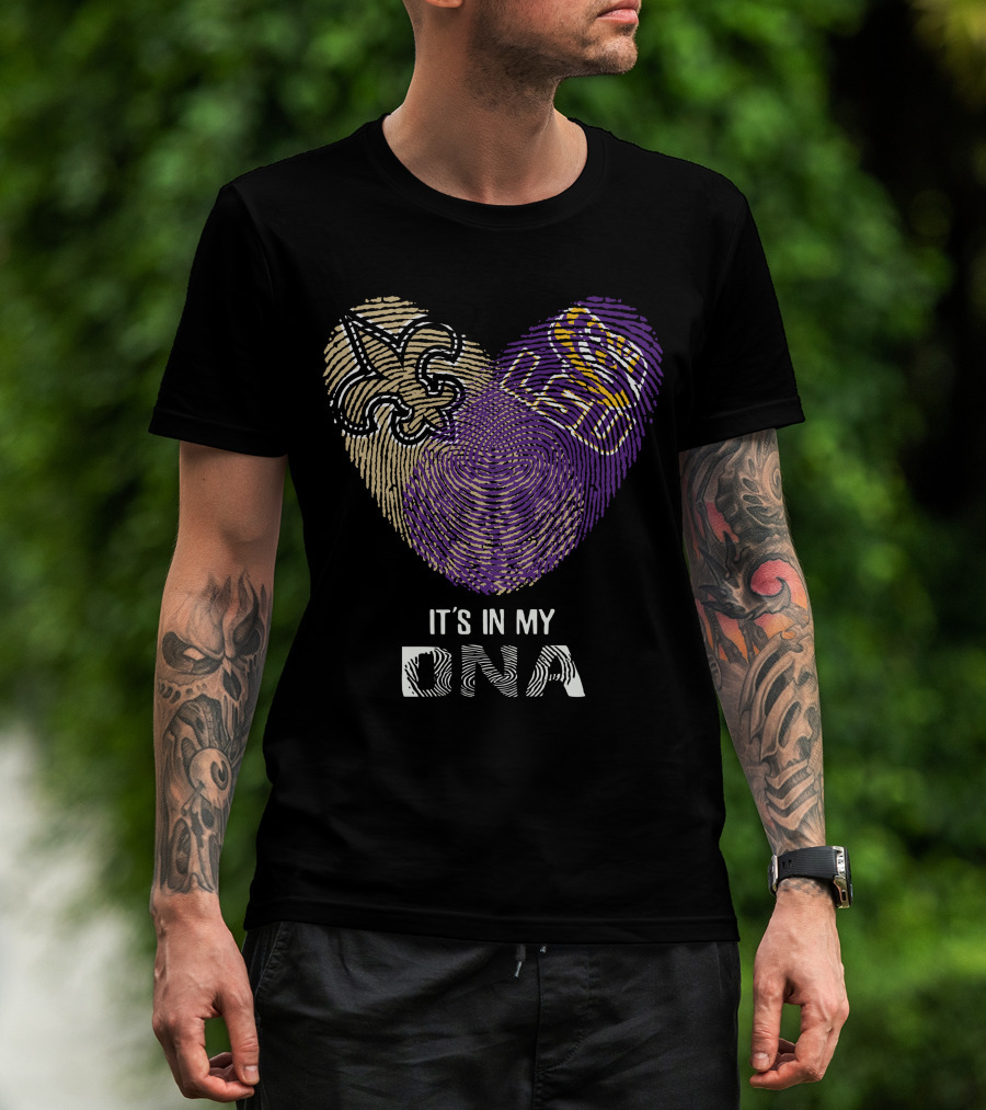 Saints Lsu It's In My Dna Fingerprint Heart Fleur-De-Lis Logo Purple Gold T-Shirt
