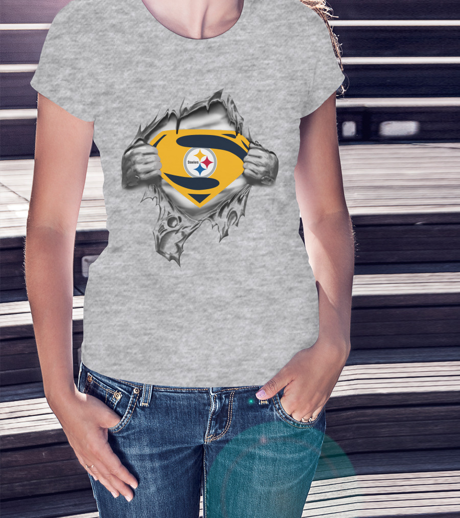 Steelers Super Man Emblem Rip Through Fabric T-Shirt