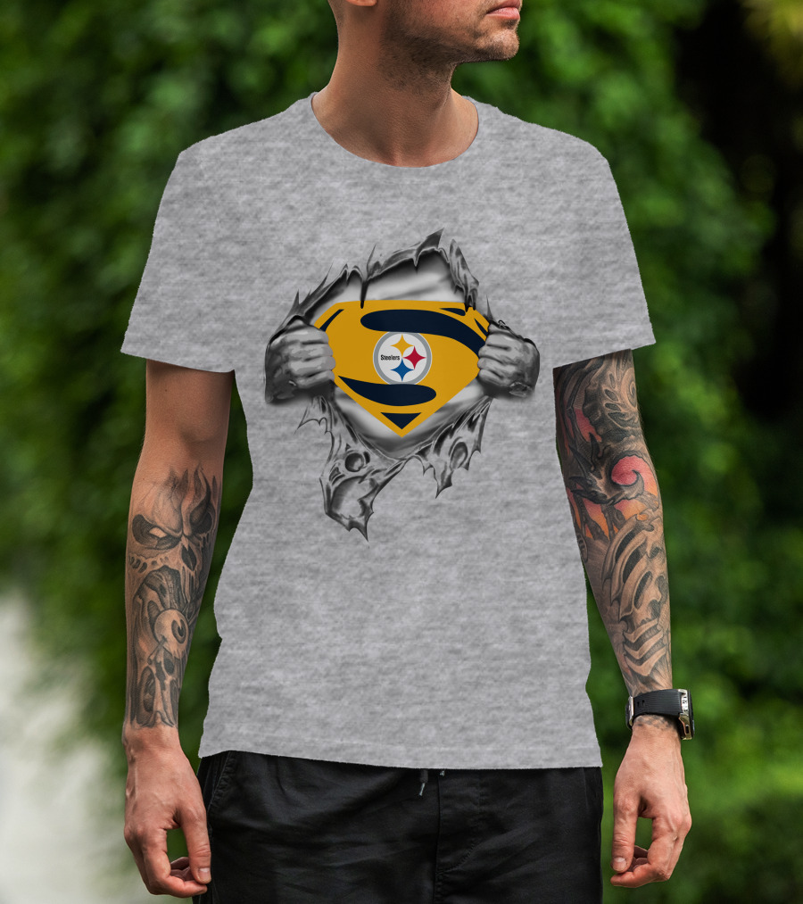 Steelers Super Man Emblem Rip Through Fabric T-Shirt