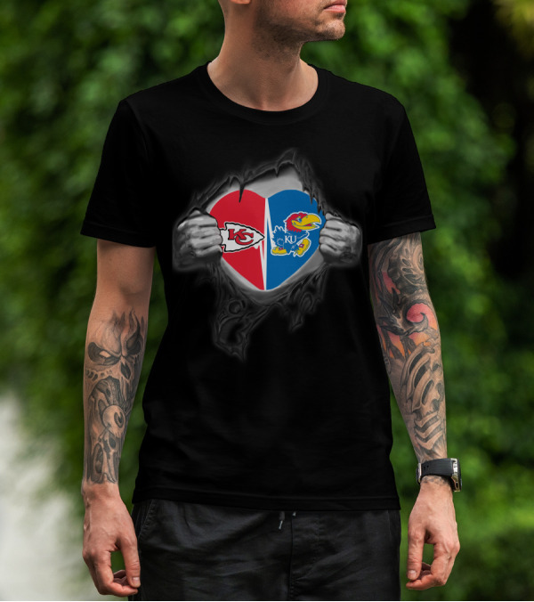 Kansas City Chiefs KU Jayhawks Heart Torn Metal T-Shirt