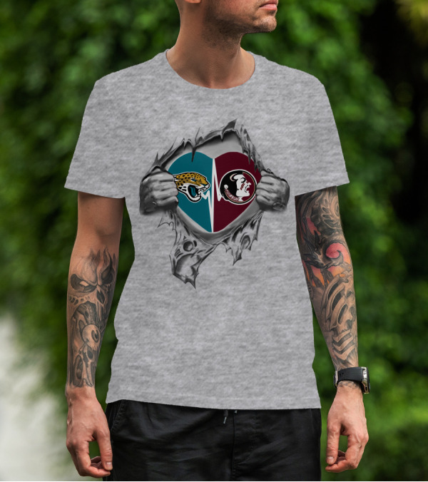 Jaguars Seminoles Heartbeat Passion Fan Logo Fusion T-Shirt