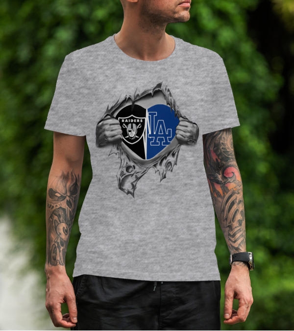 Raiders Dodgers Heart Torn Open Logo Combo T-Shirt