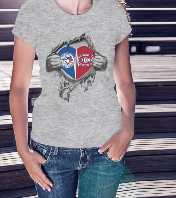 Blue Jays Canadiens Heart Toronto Montreal Sports Passion T-Shirt