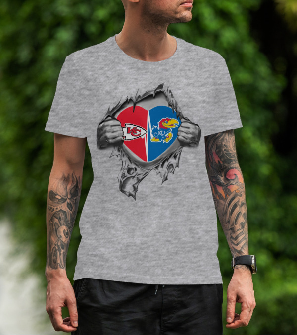 Kansas City Chiefs Kansas Jayhawks Heart Logo Tear T-Shirt