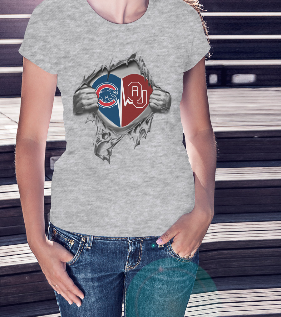 Cubs Sooners Heartbeat Split Logo Rip T-Shirt