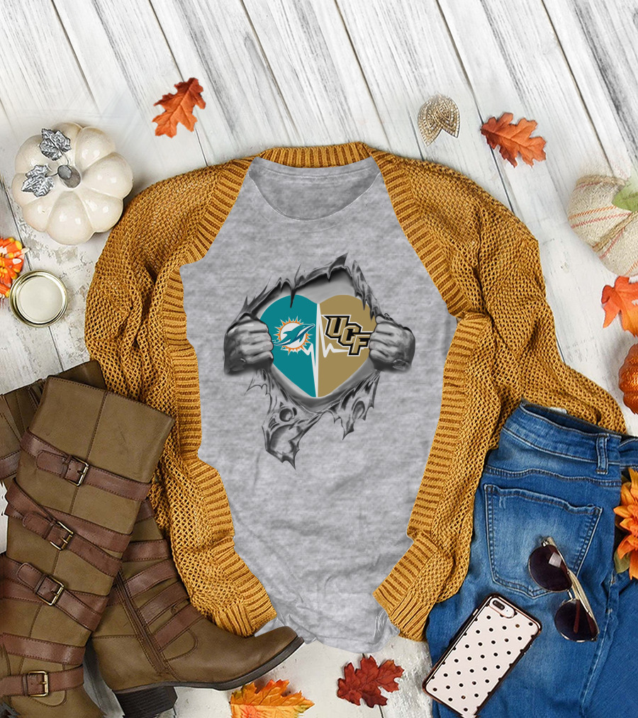 Dolphins UCF Heart Logo Design with Torn Fabric Effect T-Shirt