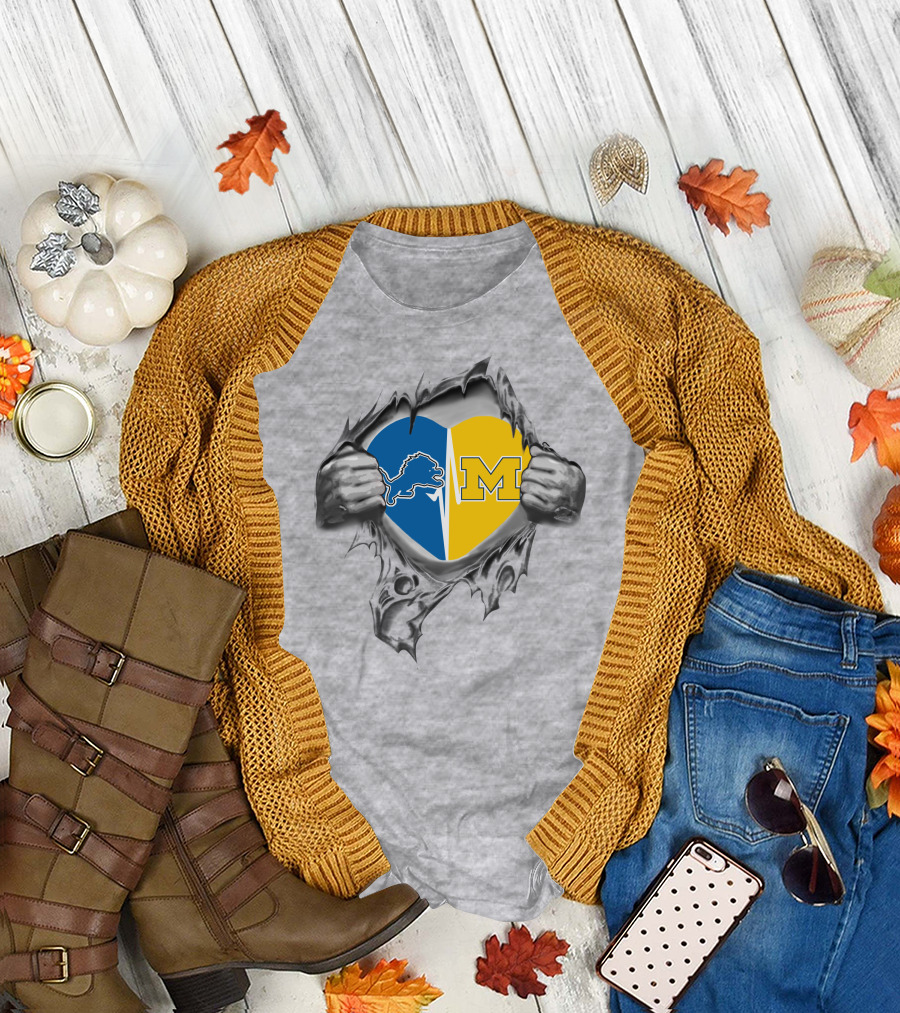 Lions Michigan Heart Split with Detroit Lions and University of Michigan T-Shirt
