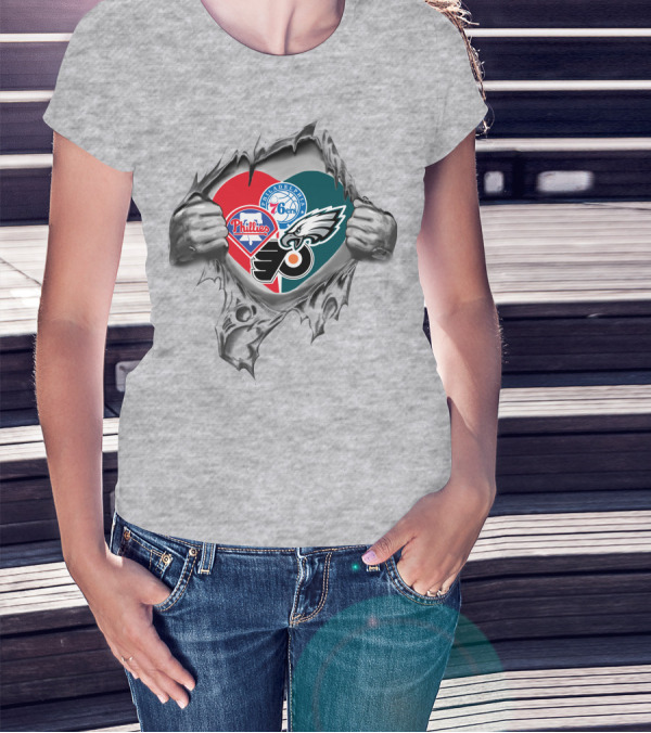 Philadelphia Phillies 76ers Eagles Flyers Heart T-Shirt