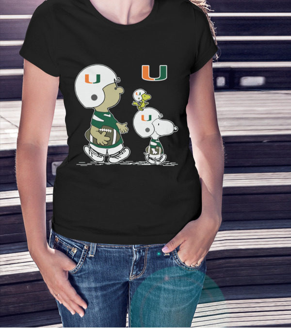 Miami Hurricanes Peanuts Snoopy Woodstock Helmet Football T-Shirt