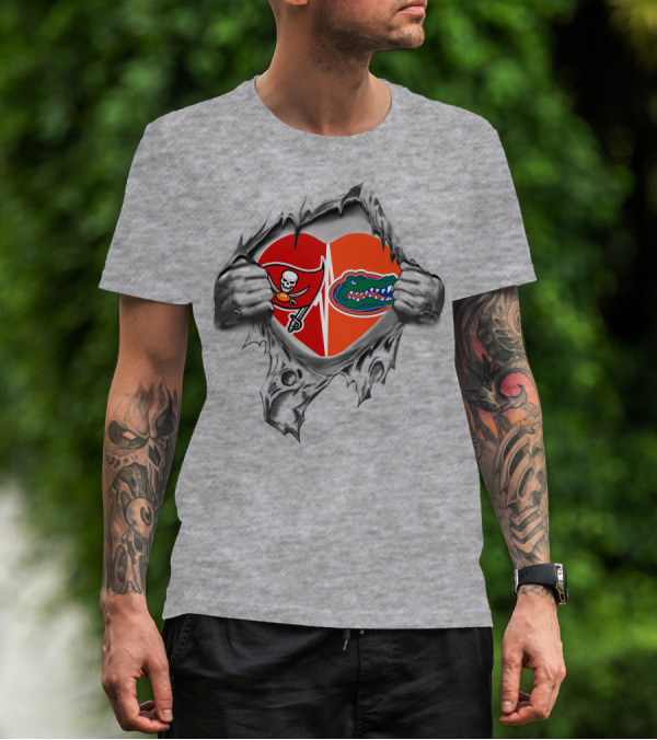 Buccaneers Gators Heartbeat Logos In My Heart Tear T-Shirt