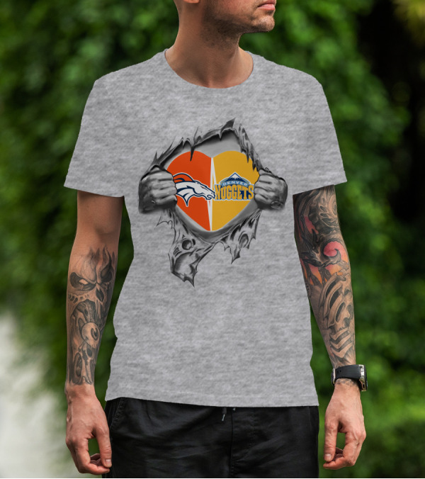 Broncos Denver Nuggets Heart Ripped Open T-Shirt