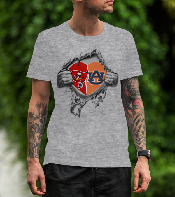 Buccaneers Auburn Tigers Heart Split Logo Ripped T-Shirt