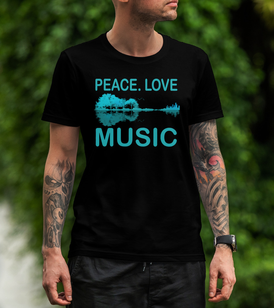 Peace Love Music Guitar Lake Shadow Scenic Reflection T-Shirt