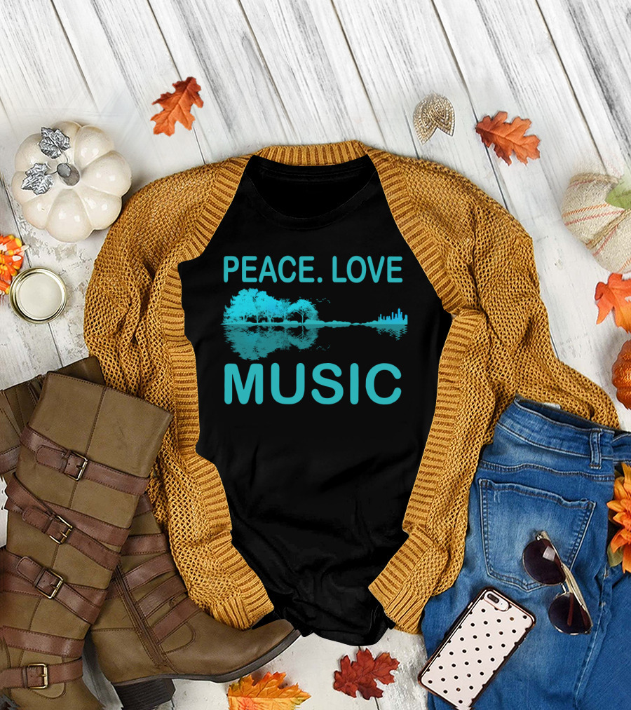 Peace Love Music Guitar Lake Shadow Scenic Reflection T-Shirt